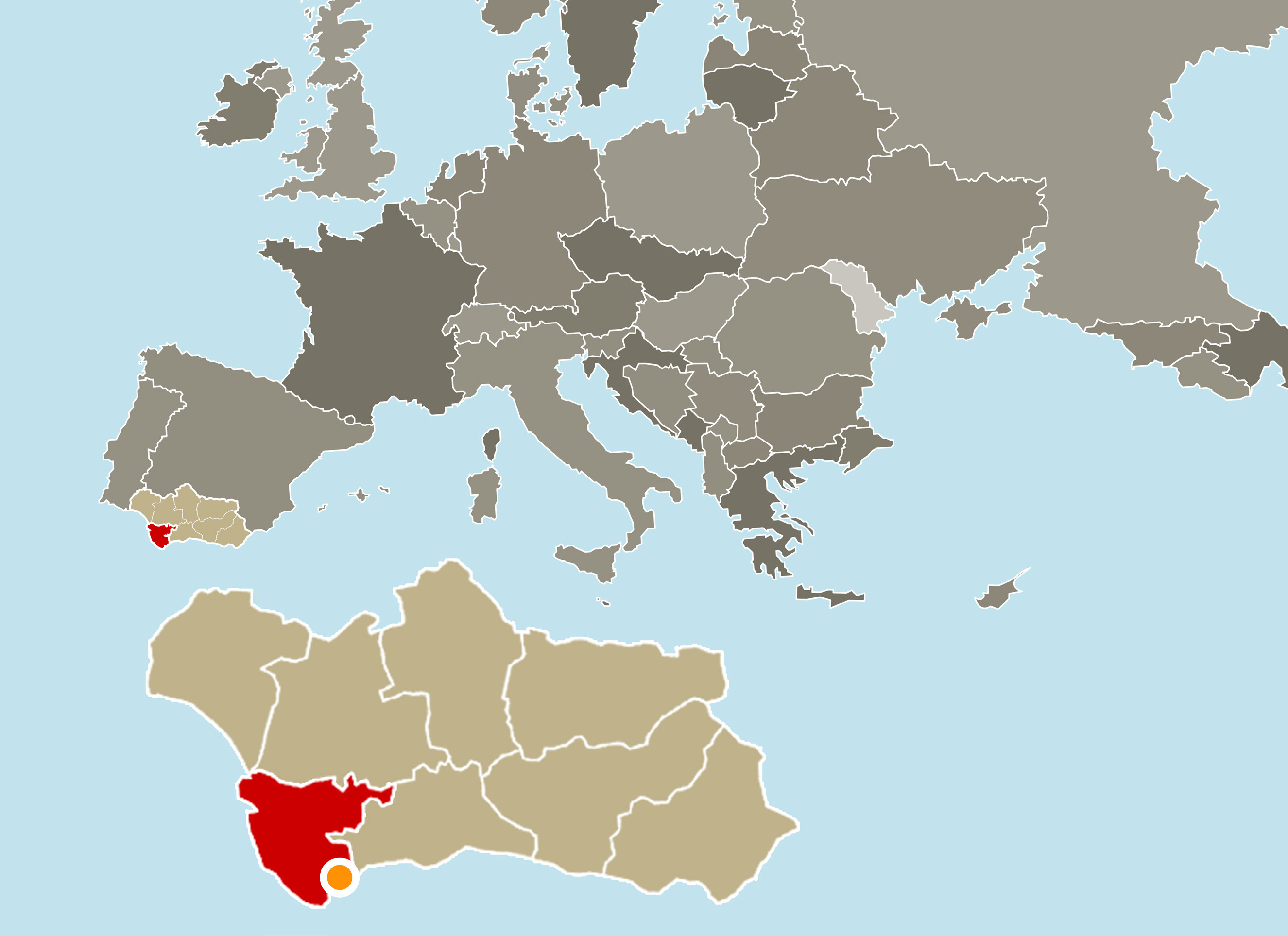 Mapa de ubicación de San Roque respecto de la Cadíz, Andalucia, España y Europa