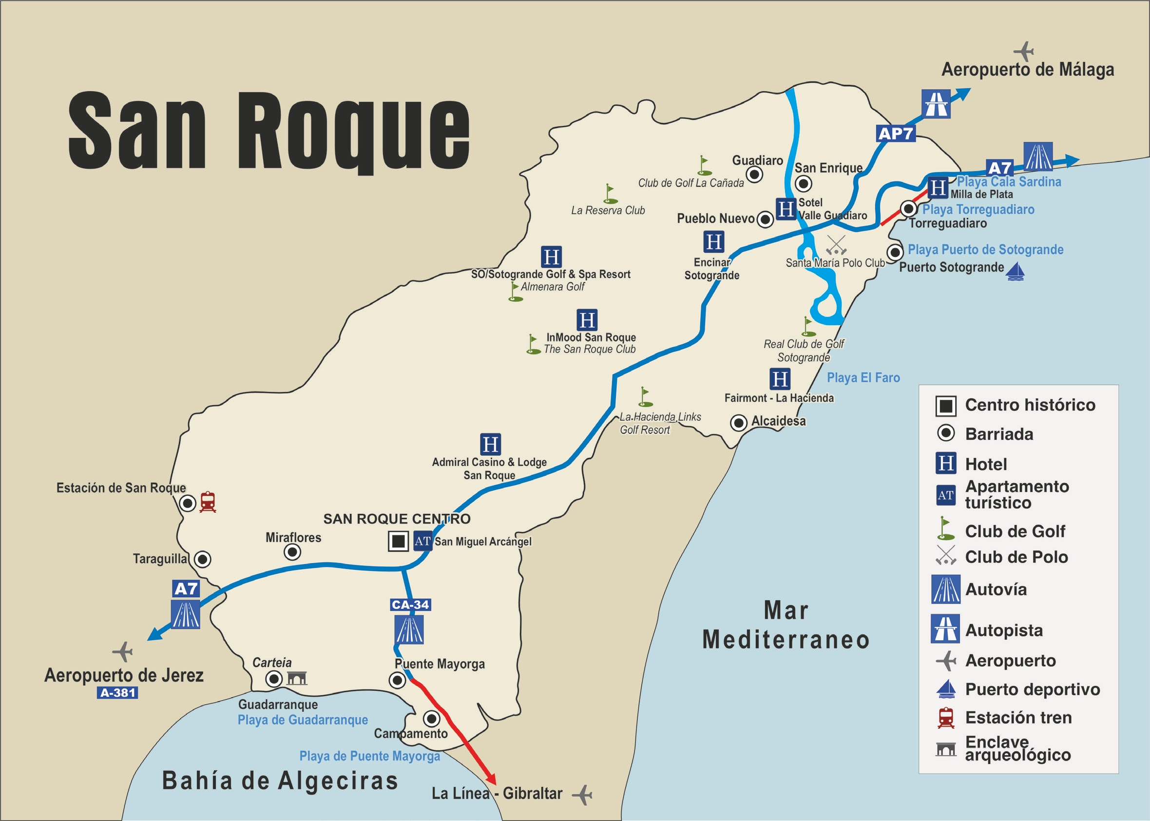 Mapa esquemático de la ubicación de San Roque dentro de la comarca de Campo de Gibraltar señalando los diferentes puntos de interés